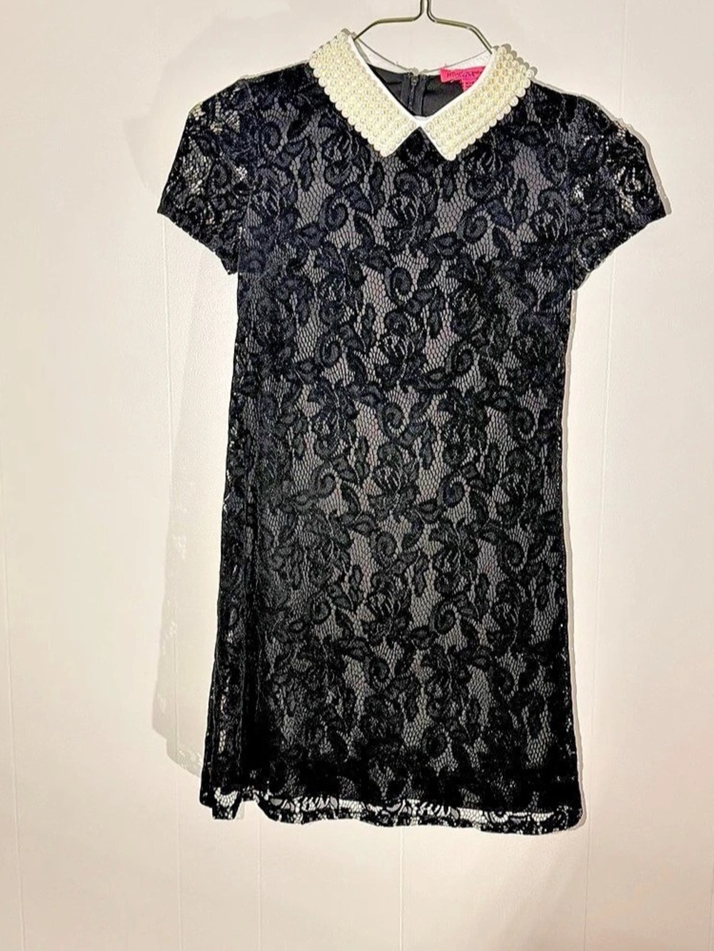 Betsey Johnson Black Lace Dress with Pearl Collar Floral Mini Dress in Black &